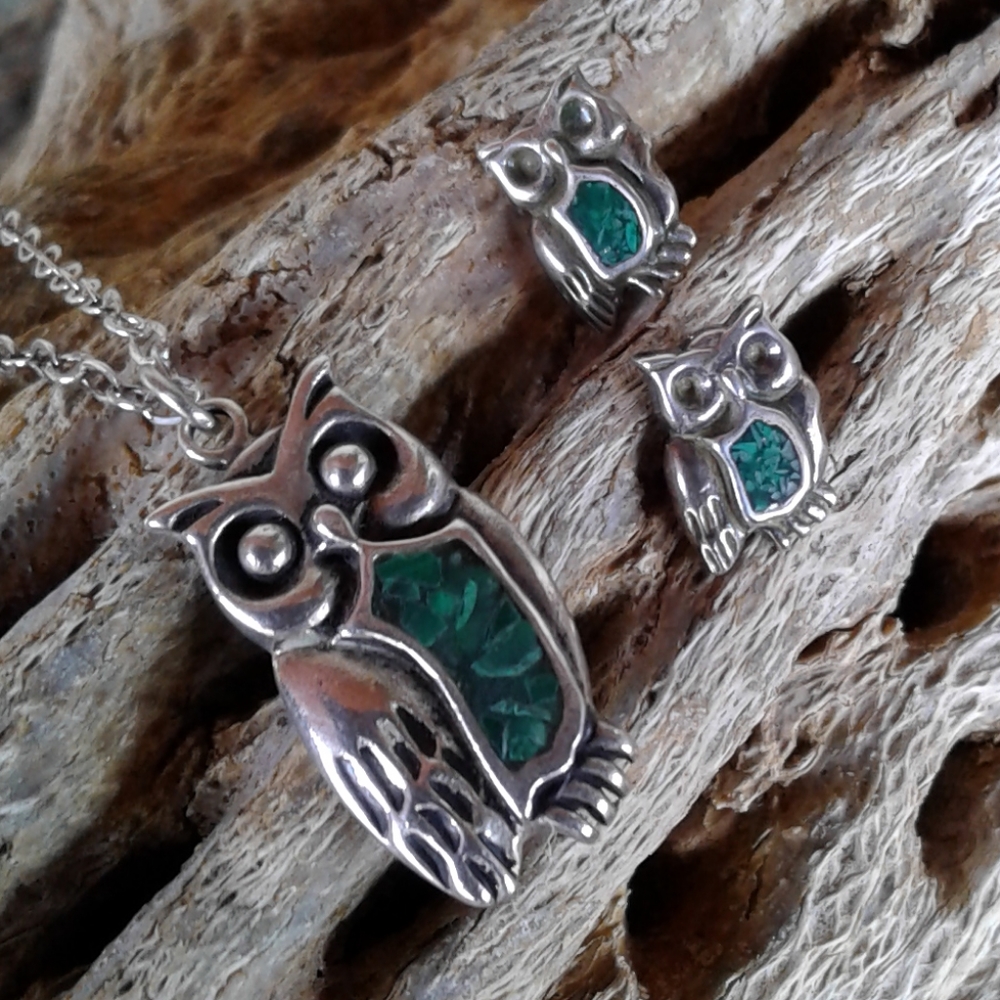 Sterling Silver Vintage Malachite Owl NECKLACE SET